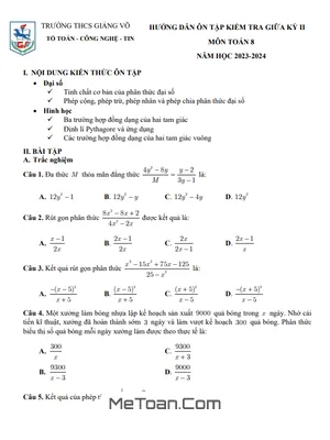Đề Cương Ôn Tập Giữa Kì 2 Môn Toán Lớp 8 Năm 2023 - 2024 Trường THCS Giảng Võ - Hà Nội