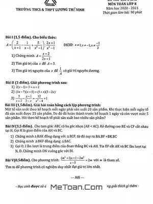 Đề thi giữa kì 2 Toán 8 năm 2020 - 2021 trường Lương Thế Vinh - Hà Nội