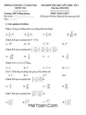 Đề Thi Giữa Kỳ 1 Toán 7 Năm 2023 - 2024 Trường THCS Đồng Quang - Hà Nội