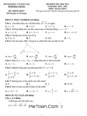 Đề kiểm tra Học kì 1 Toán 9 năm 2022 - 2023 Sở GD&ĐT Hậu Giang