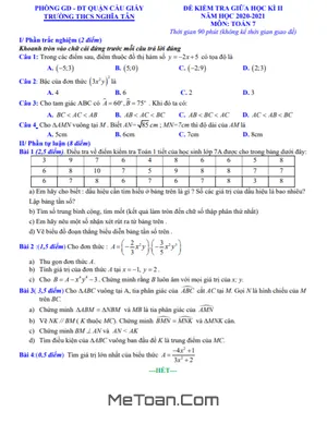 Đề kiểm tra giữa học kì 2 Toán 7 năm 2020 - 2021 trường THCS Nghĩa Tân - Hà Nội