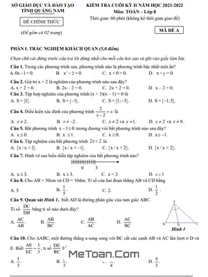 Đề thi Toán 8 cuối kỳ 2 năm 2021-2022 Sở GD&ĐT Quảng Nam (có đáp án)
