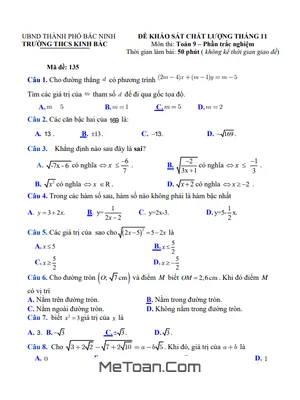 Đề khảo sát chất lượng Toán 9 tháng 11 năm 2021 trường THCS Kinh Bắc - Bắc Ninh