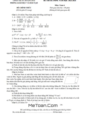 Đề thi Olympic Toán 6 năm 2023 - 2024 phòng GD&ĐT Hoàng Mai - Nghệ An