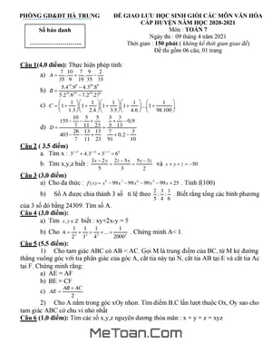 Đề thi HSG Toán 7 huyện Hà Trung - Thanh Hóa năm 2020 - 2021