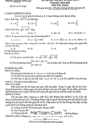 Đề thi thử Toán vào 10 lần 1 năm 2022 – 2023 phòng GD&ĐT Yên Lạc – Vĩnh Phúc