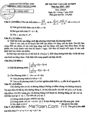 Đề thi thử vào lớp 10 môn Toán năm 2020 - 2021 trường THCS Xuân Canh - Hà Nội