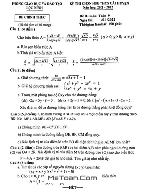 Đề thi chọn HSG Toán 9 năm 2021 - 2022 phòng GD&ĐT Lộc Ninh - Bình Phước
