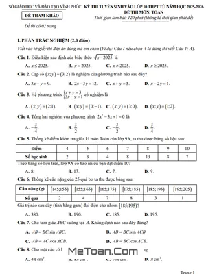 Đề tham khảo tuyển sinh lớp 10 môn Toán năm 2025 - 2026 sở GD&ĐT Vĩnh Phúc