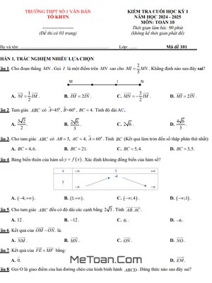Đề thi cuối kì 1 Toán 10 năm 2024 - 2025 trường THPT Văn Bàn 1 - Lào Cai