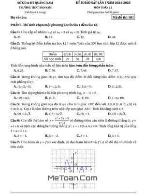 Đề khảo sát lần 1 Toán 12 năm 2024 - 2025 trường THPT Sào Nam - Quảng Nam