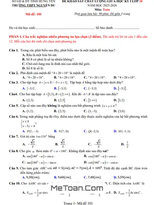 Đề thi giữa học kỳ 1 Toán 10 năm 2025 - 2026 trường THPT Nguyễn Du - Hưng Yên
