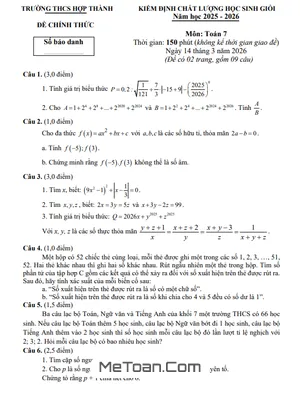 Đề Kiểm Định Chất Lượng Học Sinh Giỏi Toán 7 Năm 2025-2026 Trường THCS Hợp Thành – Thanh Hóa Có Đáp Án