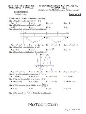 Đề kiểm tra cuối kì 1 Toán 12 năm 2022 - 2023 sở GD&ĐT Thừa Thiên Huế