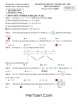 Đề thi học kỳ 1 Toán 12 năm 2019 - 2020 trường Việt Thanh - TP HCM [Có đáp án]