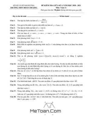 Đề thi giữa kì 1 Toán 11 năm 2020 - 2021 trường THPT Đoàn Thượng - Hải Dương