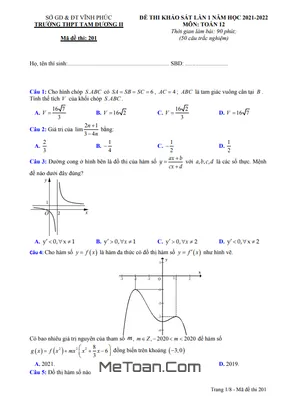 Đề khảo sát Toán 12 lần 1 năm 2021 – 2022 trường THPT Tam Dương 2 – Vĩnh Phúc