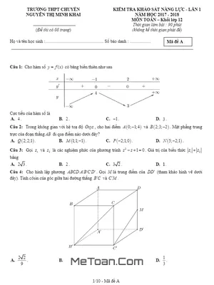 Đề khảo sát năng lực Toán 12 lần 1 năm 2017-2018 trường Chuyên Nguyễn Thị Minh Khai - Sóc Trăng (có đáp án)