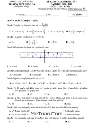 Đề thi học kì 1 Toán 11 năm 2021 - 2022 trường THPT Đông Hà - Quảng Trị