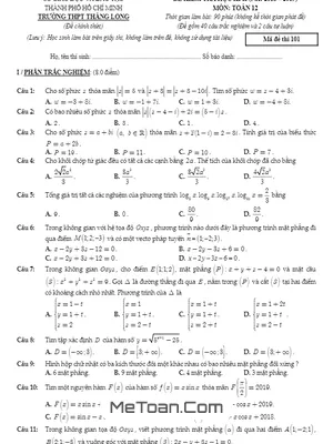 Đề thi học kỳ 2 Toán 12 năm 2018 - 2019 trường THPT Thăng Long - TP HCM (có đáp án)