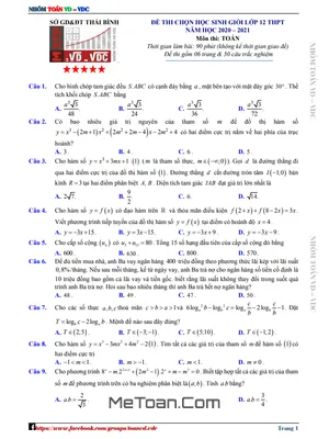 Đề thi học sinh giỏi Toán 12 cấp tỉnh năm 2020 - 2021 sở GD&ĐT Thái Bình