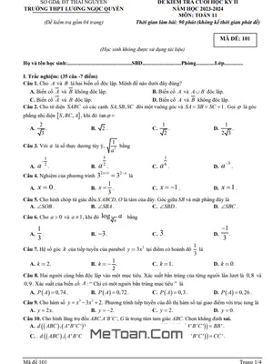 Đề Thi Cuối Kì 2 Toán 11 Năm 2023 - 2024 Trường THPT Lương Ngọc Quyến - Thái Nguyên
