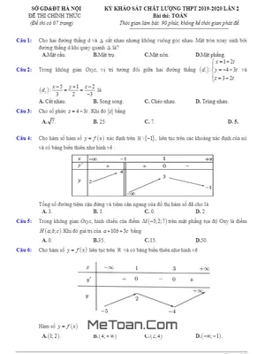 Đề thi thử tốt nghiệp THPT 2020 môn Toán lần 2 sở GD&ĐT Hà Nội