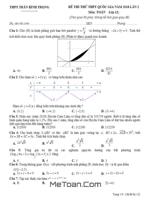 Đề thi thử Toán THPTQG 2018 trường Trần Bình Trọng – Khánh Hòa lần 2 có đáp án