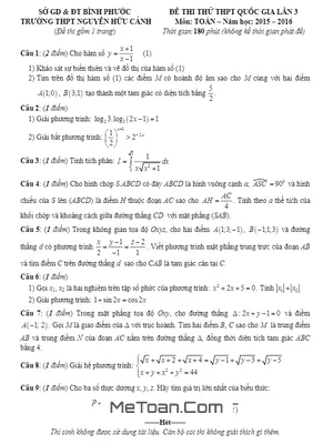 Đề thi thử THPT Quốc gia môn Toán trường Nguyễn Hữu Cảnh - Bình Phước lần 3 năm 2016