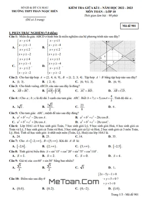 Đề thi giữa kỳ 1 Toán 10 năm 2022 - 2023 trường THPT Phan Ngọc Hiển - Cà Mau