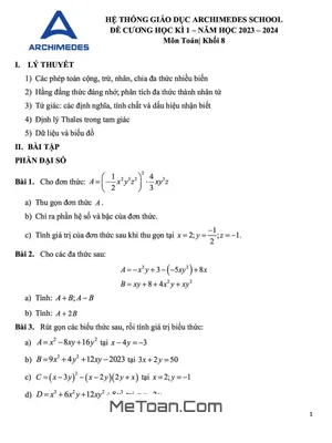 Đề Cương Ôn Tập Học Kì 1 Toán Lớp 8 Năm 2023 - 2024 Trường Archimedes Hà Nội