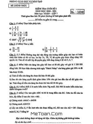 Đề thi học kì 1 Toán lớp 7 năm 2020 - 2021 phòng GD&ĐT Quận 10 - TP HCM