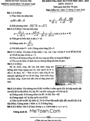 Đề thi học kì 1 Toán 9 năm 2022 - 2023 phòng GD&ĐT Thanh Trì - Hà Nội