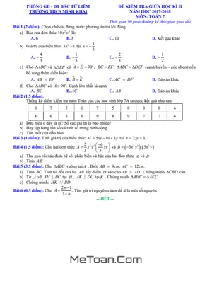 Đề thi giữa kì 2 Toán 7 năm 2017-2018 trường THCS Minh Khai - Hà Nội