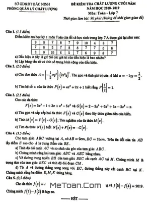 Đề kiểm tra chất lượng cuối năm Toán 7 năm 2018 - 2019 sở GD&ĐT Bắc Ninh