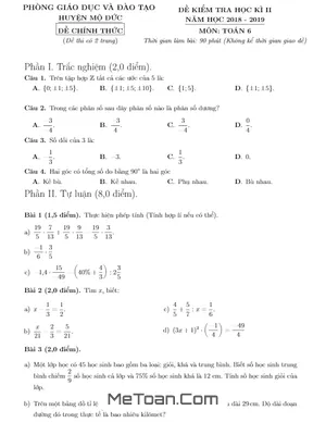 Đề thi HK2 Toán 6 năm 2018 - 2019 phòng GD&ĐT Mộ Đức - Quảng Ngãi