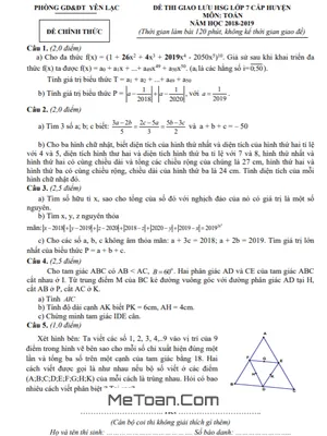Đề Thi Giao Lưu HSG Toán 7 Năm 2018 - 2019 Phòng GD&ĐT Yên Lạc - Vĩnh Phúc