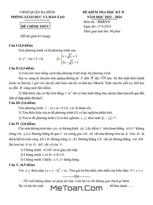 Đề thi học kỳ 2 Toán lớp 9 năm 2023 - 2024 phòng GD&ĐT Ba Đình - Hà Nội