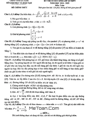 Đề thi tuyển sinh lớp 10 môn Toán năm 2024 - 2025 sở GD&ĐT Hà Nam