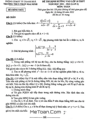 Đề Toán định hướng vào lớp 10 năm 2022 lần 2 trường Trần Mai Ninh – Thanh Hóa