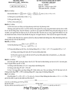 Đề thi thử Toán tuyển sinh lớp 10 năm 2020 - 2021 trường Phan Huy Chú - Hà Nội