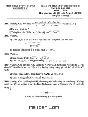 Đề thi học sinh giỏi Toán 9 năm 2021 - 2022 phòng GD&ĐT Đống Đa - Hà Nội