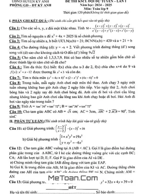Đề KSCL Đội Dự Tuyển Lần 1 Toán 9 Năm 2024 - 2025 Phòng GD&ĐT Kỳ Anh - Hà Tĩnh