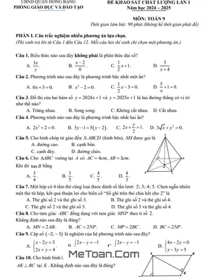 Đề khảo sát lần 1 Toán 9 năm 2024 - 2025 phòng GD&ĐT Hồng Bàng – Hải Phòng