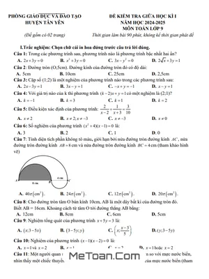 Đề thi giữa kì 1 Toán 9 năm 2024 - 2025 phòng GD&ĐT Tân Yên - Bắc Giang