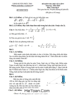 Đề thi học kì 1 Toán 9 năm 2024 - 2025 phòng GD&ĐT Phúc Thọ - Hà Nội