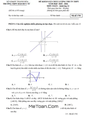 Đề Thi Thử Tốt Nghiệp THPT 2026 Môn Toán Lần 1 THPT Đào Duy Từ, Thanh Hóa (Có Đáp Án Chi Tiết)