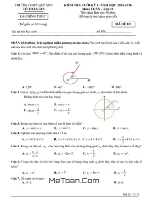 Đề Thi Cuối Kỳ 1 Toán 11 Năm 2025 - 2026 Trường THPT Quế Sơn Đà Nẵng Có Đáp Án