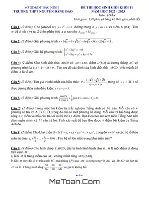 Đề thi học sinh giỏi Toán 11 năm 2022 - 2023 trường Nguyễn Đăng Đạo - Bắc Ninh