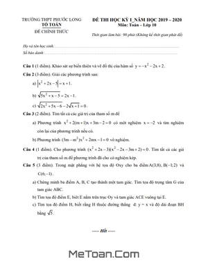 Đề thi cuối kì 1 Toán 10 năm 2019 - 2020 trường THPT Phước Long - TP HCM